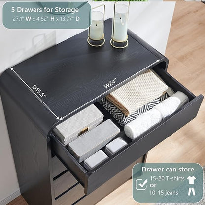 Modern 5 Drawers Dresser for Bedroom, 45" Tall Dressers & Chests of Drawers w/Curved Profile Design, Wood Mid Century Vertical Dresser w/Natural Texture for Bedroom, Living Room, Black