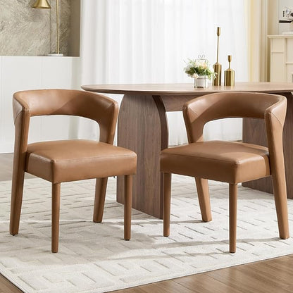 DUOMAY Modern Dining Chairs Set of 2, Leather Fabric Upholstered Kitchen Chairs with Curved Open Back Accent Side Chairs Dining Room Chairs with Wood Legs, Brown