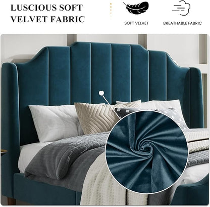 SHA CERLIN Upholstered Queen Size Bed Frame with Modern Curved Velvet Wingback Headboard/Heavy Duty Wood Platform Bed with Strong Wood Slat Support/No Box Spring Needed, Blue