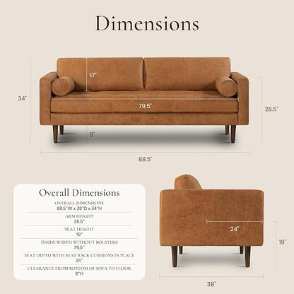 Poly & Bark Napa Leather Couch - 88.5-Inch Office Sofa with 2 Bolsters - Full-Grain Leather Sofa for Living Room with Feather-Down Topper - Living Room Couch - Vintage Italian Leather in Cognac Tan