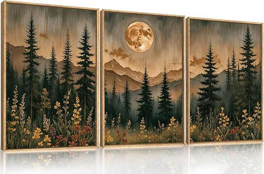 HOURIA Nature Forest Mountain Framed Canvas Wall Art Set,Moonlight Pine Tree Flower Wall Decor,Wilderness Field Wall Painting,Vintage Botanical Art Prints for Living Room,Bedroom,Farmhouse-16 x24 x3