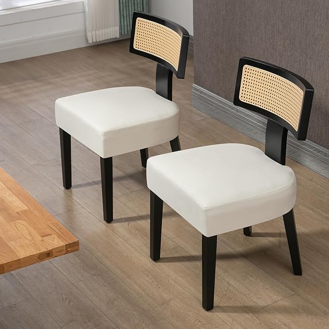 Rattan Dining Chairs Set of 4, Mid-Century Modern Fabric Upholstered Dining Room Chairs with Black Hardwood Frame, Curved Backrest Kitchen Chair Armless for Dining Room (Cream)