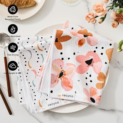 RECYCO Waffle Kitchen Towels Set of 2 Quick Dry Microfiber Sustainable Lightweight Hand Towels Blossom Breeze 16x28