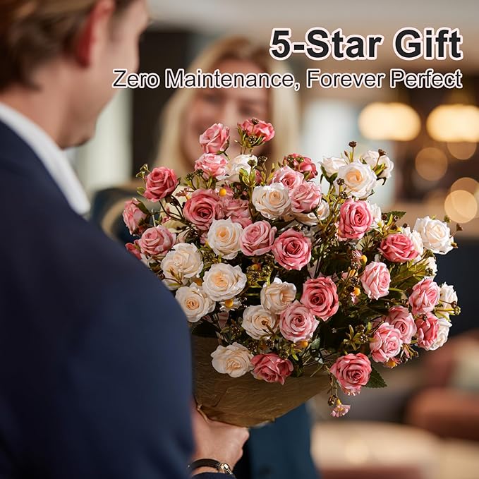 Artificial Flowers for Outdoor 4 Bundles Rose Bouquet with Daisy Faux Flowers UV Resistant for Home Indoor Outside Garden Porch Window Box Balcony Yard Porch Decor (White+Pink)