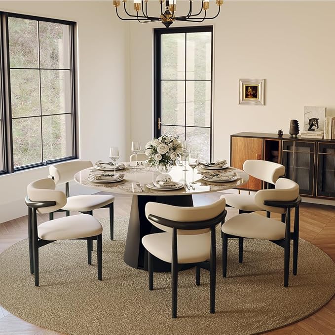 POVISON Round Dining Table for 6, Modern Marble Dining Room Table 59" Pandora Sintered Stone Kitchen Table with Black Carbon Steel Pedestal (Table Only)