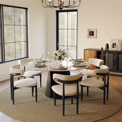 POVISON Round Dining Table for 6, Modern Marble Dining Room Table 59" Pandora Sintered Stone Kitchen Table with Black Carbon Steel Pedestal (Table Only)