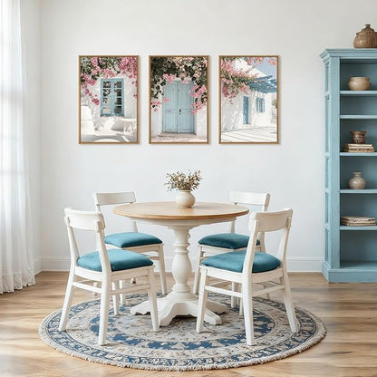 HOURIA Modern Greek Island Cityscape Framed Canvas Wall Art Set,European White House Blue Door Shutter Landscape Wall Decor,Santorini Natural Pink Flower Artwork for Living Room, Bedroom-24 x36 x3