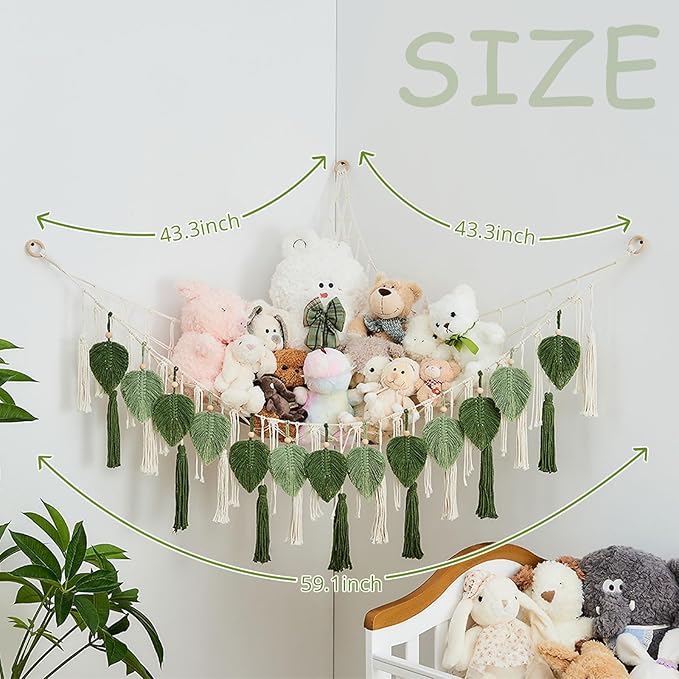 Pretty Jolly Stuffed Animal Storage with Hand Woven Leaf Tassels Hammock Corner Hanging Net Boho Macrame Plush Storage for Toys Kid Room Wall Nursery Decor for Girls Gift (Sage Green&Avocado Green)
