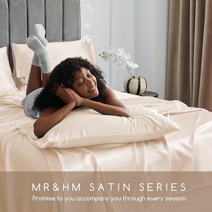 MR&HM Satin Bed Sheets, Queen Size Sheets Set, 4 Pcs Silky Bedding Set with 15 Inches Deep Pocket for Mattress (Queen, Beige)