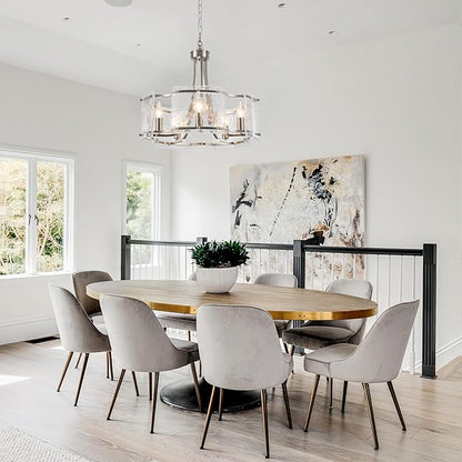 Modern Textured Glass Chandelier for Dining Room, 5-Light Brushed Nickel Crystal Chandeliers Light Fixture, Drum Round Rustic Farmhouse Chandelier for Kitchen Island Bedroom Living room Foyer，E12