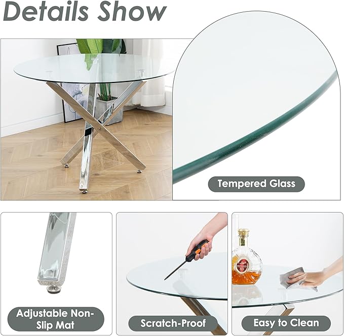 Silver Luxury Round Dining Table Set for 4, 39'' Clear Circle Glass Top Dinner Table Set, 5 PCS Modern Circular Kitchen Table and Grey Woven Chairs Set, for Small Apartment Living Room