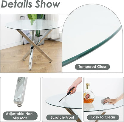 Silver Luxury Round Dining Table Set for 4, 39'' Clear Circle Glass Top Dinner Table Set, 5 PCS Modern Circular Kitchen Table and Grey Woven Chairs Set, for Small Apartment Living Room