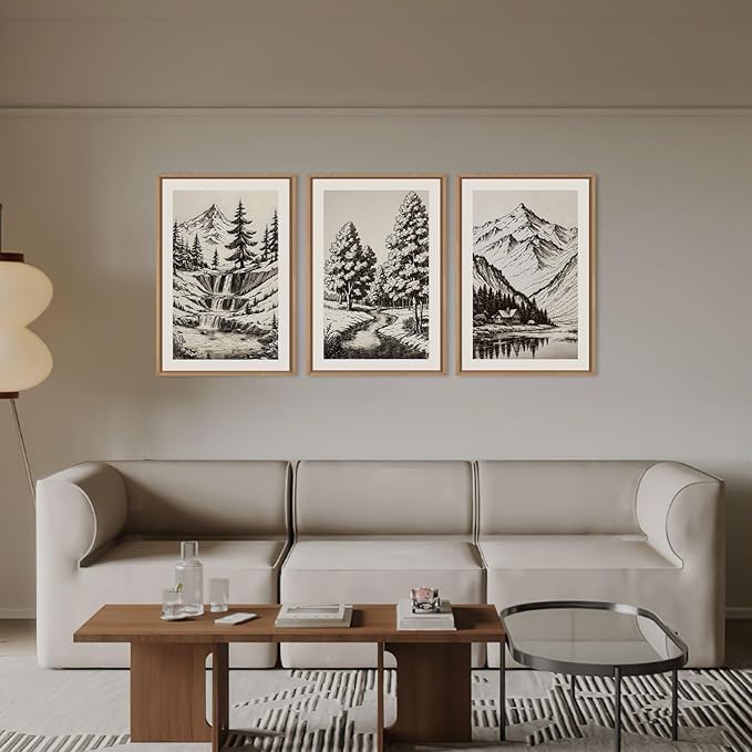 HOURIA Large Vintage Mountain Sketch Framed Canvas Wall Art Set,Modern Pine Tree Wall Decor, Natural Botanical Wall Painting,Retro Abstract Art Print for Living Room,Bedroom,Office- 16"x24"x3