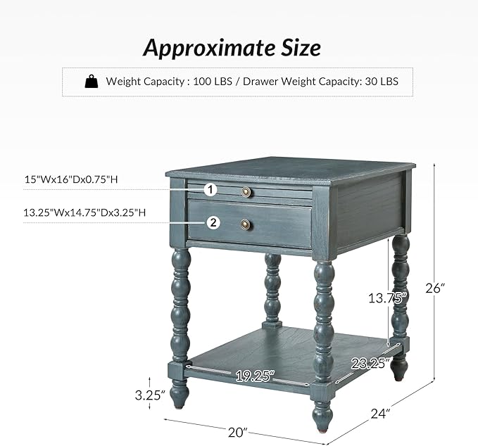 HULALA HOME Spindle Nightstands with Charging Station, Solid Wood Nightstand with Drawer Shelf, Side Table with Pull-Out Shelf (Blue)