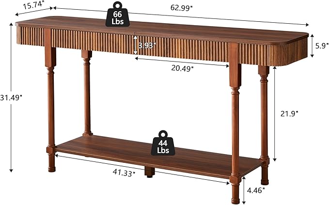 63'' Fluted Console Table with 2 Drawers, 2-Tier Long Entryway Tables with Open Storage, Wooden Narrow Sofa Table Behind Couch, Foyer Accent Table for Living Room, Hallway, Entrance (Walnut)