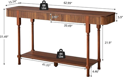 63'' Fluted Console Table with 2 Drawers, 2-Tier Long Entryway Tables with Open Storage, Wooden Narrow Sofa Table Behind Couch, Foyer Accent Table for Living Room, Hallway, Entrance (Walnut)