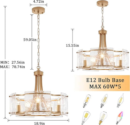 5-Light Gold Glass Chandelier for Dining Room, Modern Textured Glass Light Fixture Gold Chandeliers, Drum Round Chandelier for Kitchen Island Living Room Foyer Bedroom, E12