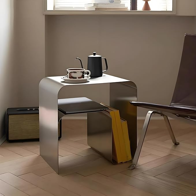Modern Stainless Steel Side Table,Minimalist Nightstand and Sofa Table Silver Metal End Table Elegant Small Coffee Table for Bedroom Desktop Bookshelf Magazine Rack Multi-Functional Organizer