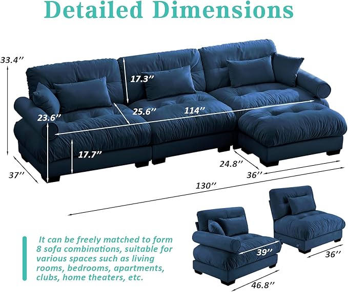 SoarFlash Velvet Sectional Sofa Ottoman, Blue