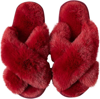 Women's Slipper Memory Foam Cross Band Fuzzy Slippers Open Toe Cozy House Slippers Cozy Plush Bedroom Indoor Outdoor
