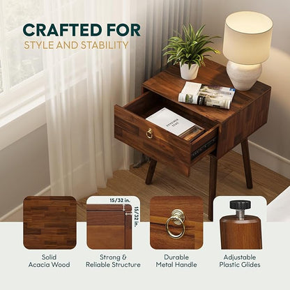 Bme Alden Solid Wood Bedside Table End Table with 1 Drawer for Mid Century Bedroom and Living Room, Dark Chocolate
