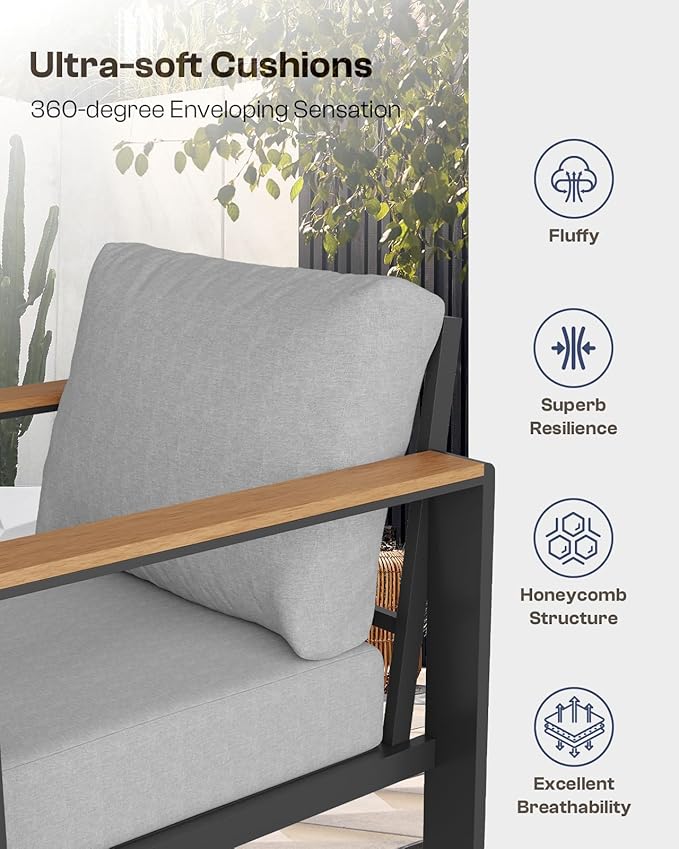 Aluminum Outdoor Seating Bistro Set, 3 Piece Outdoor Patio Furniture Set with Washable Thick Cushion Outdoor Chair, Patio Sectional Furniture Set for Porch, Balcony, Deck, Yard, Gray