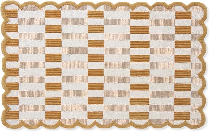 Hand-Tufted Wool Area Rug with Scalloped Edges, Neutral Beige Plaid Pattern, Cozy Soft Accent Rug for Living Room, Bedroom, and Nursery, Handmade Decorative Carpet, 5x8 Ft