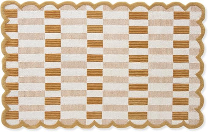 Hand-Tufted Wool Area Rug with Scalloped Edges, Neutral Beige Plaid Pattern, Cozy Soft Accent Rug for Living Room, Bedroom, and Nursery, Handmade Decorative Carpet, 5x8 Ft