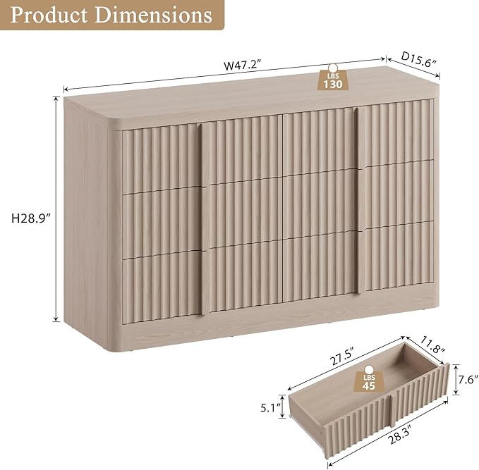 Fluted Dresser for Bedroom, 47" Wide Chest of Drawers, Modern 6 Drawer Dresser with Solid Wood Handle, Curved Profile Design, Wood Dressers Storage Organizer, Living Room, Hallway, White Alder