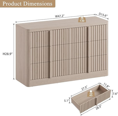 Fluted Dresser for Bedroom, 47" Wide Chest of Drawers, Modern 6 Drawer Dresser with Solid Wood Handle, Curved Profile Design, Wood Dressers Storage Organizer, Living Room, Hallway, White Alder