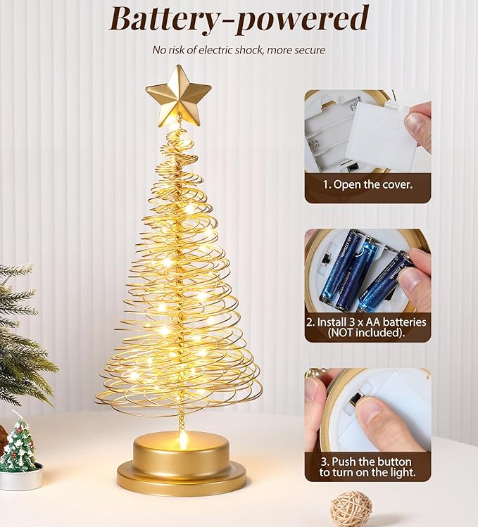 Lewondr Christmas Tree Light, 13 Inch Spiral Christmas Tree Desk Decorative Light, Battery Powered Star Table Lamp with Metal Stand Home Bedroom Decor Xmas Ornament, Gold