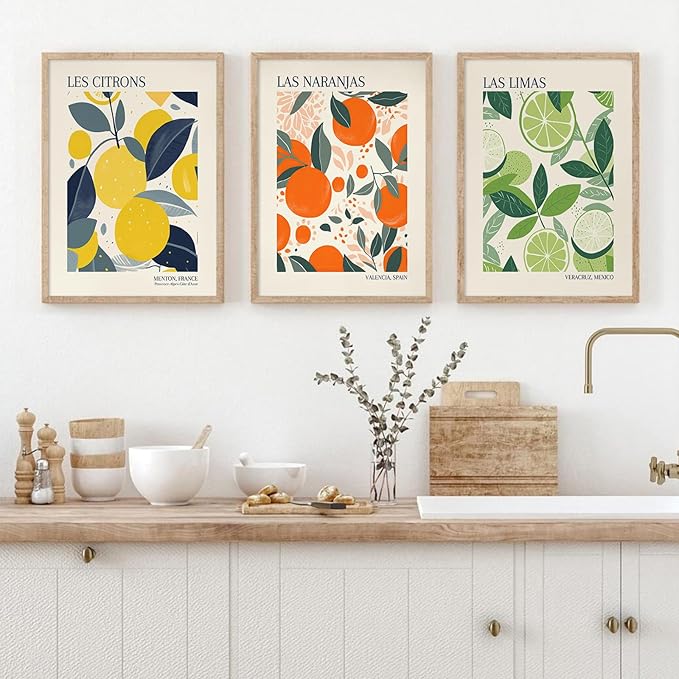 Fruit Market Wall Art Decor Kitchen Lemon Pictures Wall Art Fruit Botanical Prints Poster Orange Green Canvas Kitchen Artwork for Dining Room 16x24 Inch Unframed Set of 3