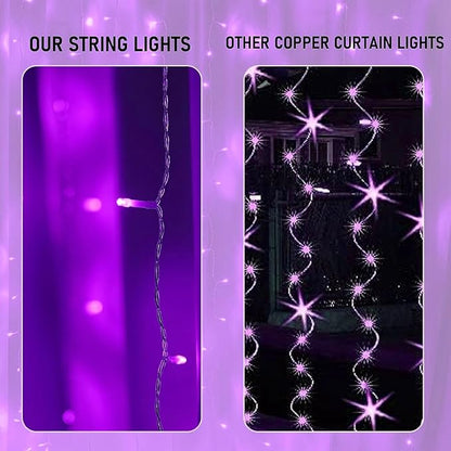 Dazzle Bright 300 LED Christmas Curtain String Lights, Halloween Fairy Lights for Bedroom with 8 Lighting Modes, Waterproof Window Light Party Wedding Garden Wall Decor, Purple