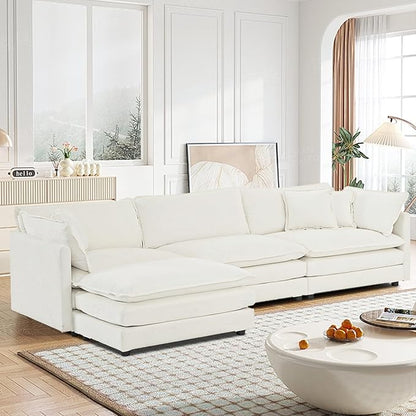 SoarFlash Chenille Sectional Sofa, Comfy L Shaped Modular Coush Sofa with Ottoman, Modern 3 Seat Couch Deep Seat Sofa Set for Living Room,White