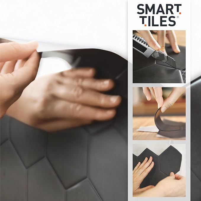 Smart Tiles Peel and Stick Backsplash - 5 Sheets of 11.43''x9'' - 3D Adhesive Peel and Stick Tile Backsplash for Kitchen, Bathroom, Wall Tile, Zaida Black