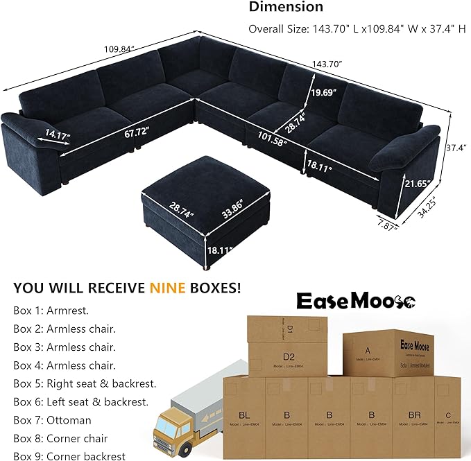 EASE MOOSE Oversized Modular Sectional Sofa with Ottoman, Modern Luxury U Shape Sectional Wide Deep Modular Couch, U Shaped Couch for Big Spaces Living Room