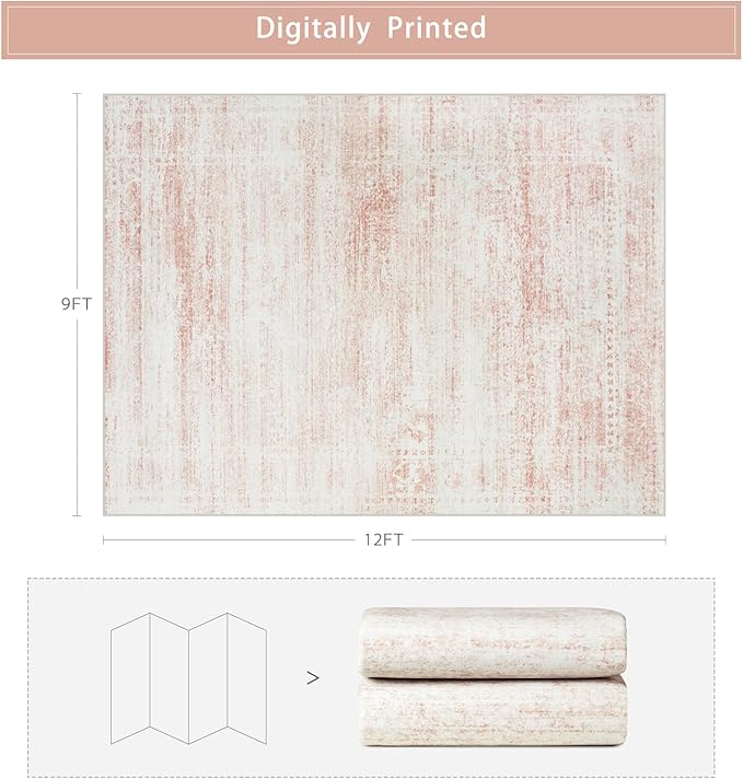 Washable Rugs 9x12 Area Rugs for Living Room,Rugs for Bedroom,Large Carpets,Ultra Soft Faux Wool Retro Dining Room Rug,Non Slip&Non-Shedding Low Pile Vintage Print Rug for Home Office-Pink White