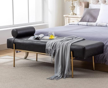 Modern End of Bed Bench, Upholstered Entryway Bench with Detachable Pillow for Living Room, PU Leather Ottoman Bench with Gold Metal Legs, Comfy Cushion Bedroom Decoration Benches (Black)