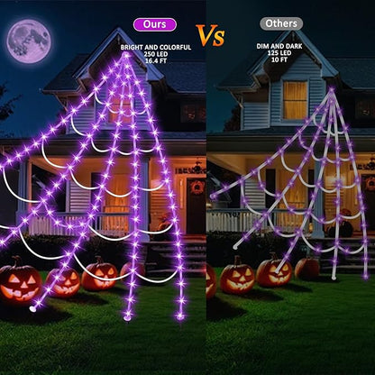 Halloween Decorations Outdoor, Spider Web Lights 250 LED Lighted Spider Web 16.4Ft Giant Halloween Decorations Light up, 8 Lighting Modes Waterproof & Timer for Indoor House Haunted Yard Decor, Purple