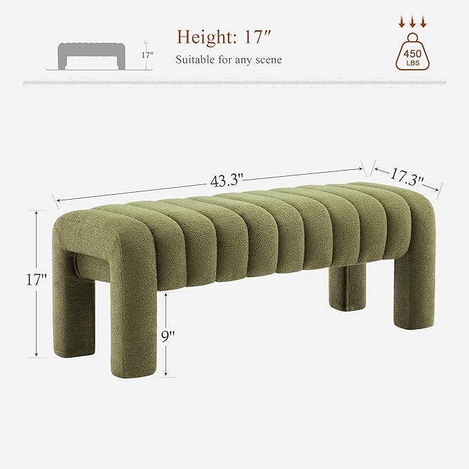 43’’ End of Bed Bench, Modern Boucle Entryway Bench, Upholstered Ottoman Stool with Full Coverage Fabrics, Ottoman for Bedroom, Living Room, Dining Room, Green