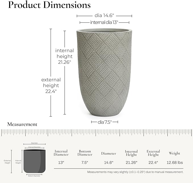 LuxenHome 22" H Concrete Tall Planters, Large Outdoor Indoor Decorative Plant Pots with Drainage Holes and Rubber Plug, Modern Gray Glen Pattern Round Flower Pot Planters for Home Garden Patio Porch