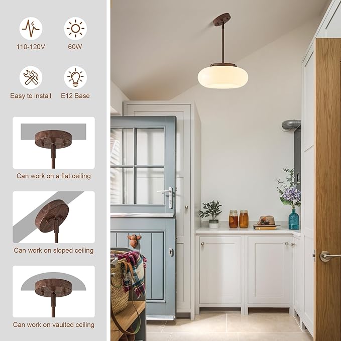 Mid-Century Modern Faux Walnut Wood Semi Flush Mount Ceiling Light, 3-Light Kitchen Light Fixtures with Glass Shade for Entryway Hallway Bathroom Bedroom (12.6 Inch)