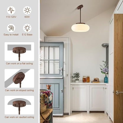 Mid-Century Modern Faux Walnut Wood Semi Flush Mount Ceiling Light, 3-Light Kitchen Light Fixtures with Glass Shade for Entryway Hallway Bathroom Bedroom (12.6 Inch)