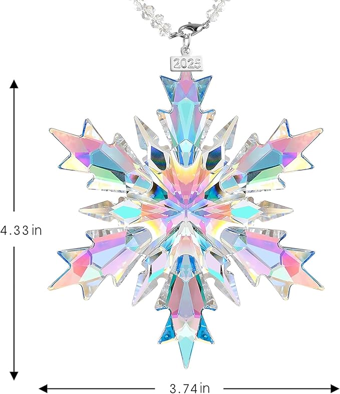 2025 Annual Christmas Ornaments Crystal Snowflake Star, Clear Multi Color Faceted Crystal with Tone Metal Accents and Rayon Ribbon-New Year Christmas Tree Ornament Wedding Party Window Hanging Decor