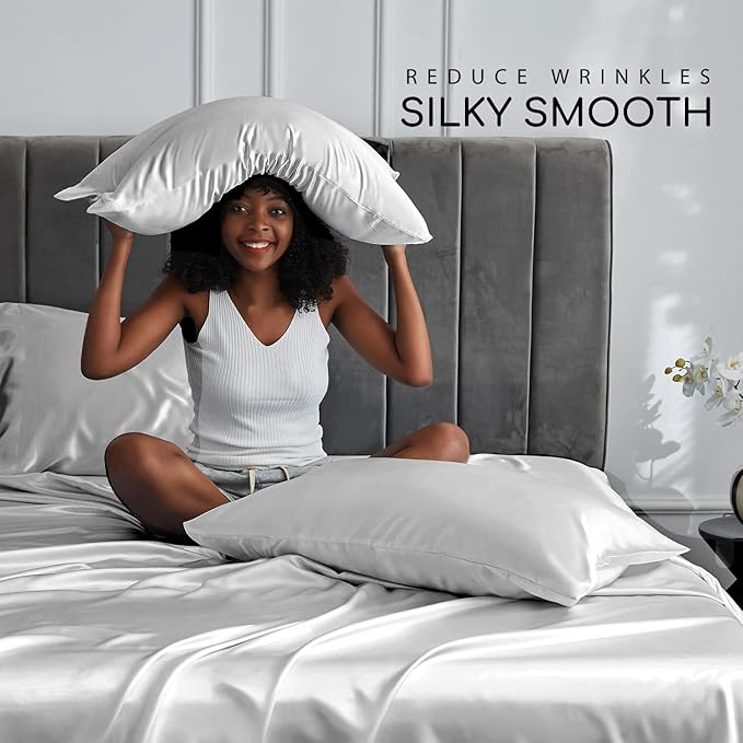 MR&HM Satin Bed Sheets, King Size Sheets Set, 6 Pcs Silky Bedding Set with 15 Inches Deep Pocket for Mattress (King, Silver Grey)