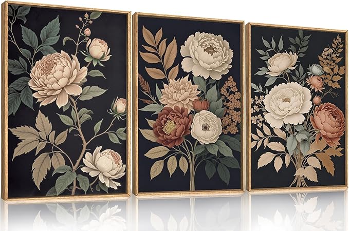 HOURIA Large Moody Dark Flower Framed Canvas Wall Art,Retro Beige Red Peony Wall Decor,Vintage Textured Blossom Botanical Artwork,Natural Wildflower Art Print for Living Room,Bedroom,Office-16 x24 x3