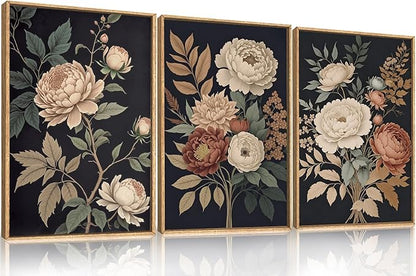 HOURIA Large Moody Dark Flower Framed Canvas Wall Art,Retro Beige Red Peony Wall Decor,Vintage Textured Blossom Botanical Artwork,Natural Wildflower Art Print for Living Room,Bedroom,Office-16 x24 x3