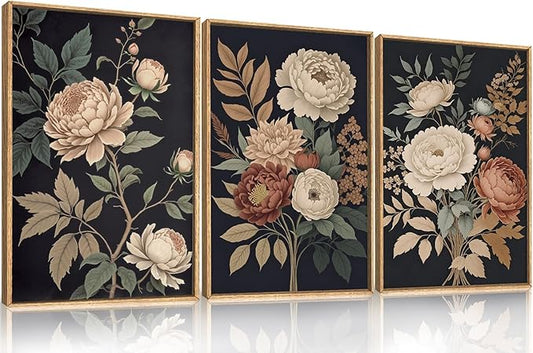 HOURIA Large Moody Dark Flower Framed Canvas Wall Art,Retro Beige Red Peony Wall Decor,Vintage Textured Blossom Botanical Artwork,Natural Wildflower Art Print for Living Room,Bedroom,Office-16 x24 x3