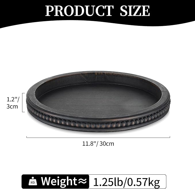 Hanobe Decorative Tray: Modern Farmhouse Beaded Round Tray Decor Rich Dark Brown Circle Wooden Ottoman Serving Platter for Centerpieces Kitchen Counter Bathroom