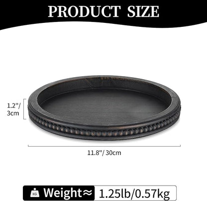 Hanobe Decorative Tray: Modern Farmhouse Beaded Round Tray Decor Rich Dark Brown Circle Wooden Ottoman Serving Platter for Centerpieces Kitchen Counter Bathroom